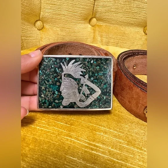 Sterling,  Gf and turquoise Native American belt and Aztec with turquoise - Picture 3 of 12